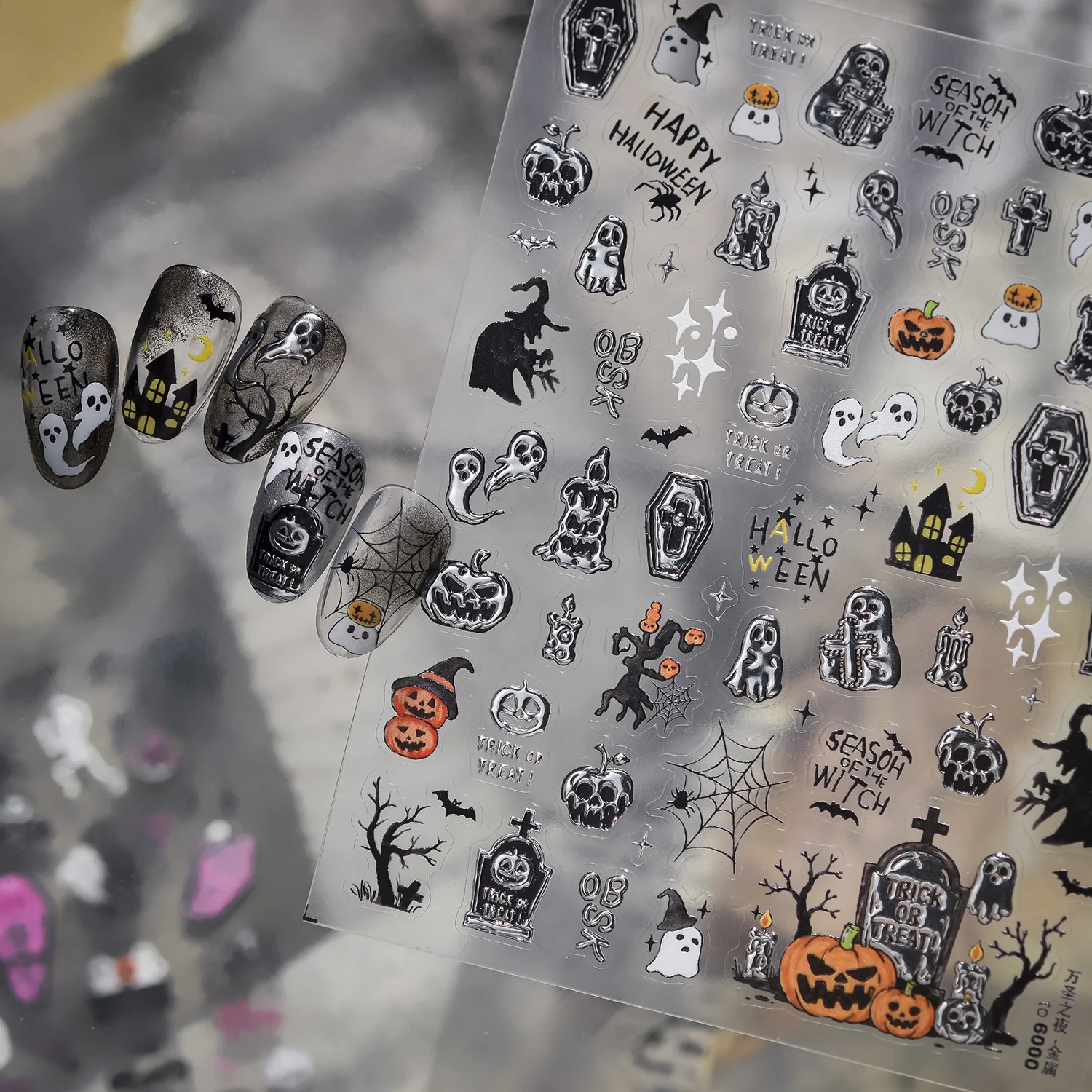 Halloween Lila Rosa Sarg Geist Schwarze Katze Hexe Sensenmesser Sensenmann Skelett Spinnennetz Kürbis Verwitterter Baum 5D Nagelaufkleber
