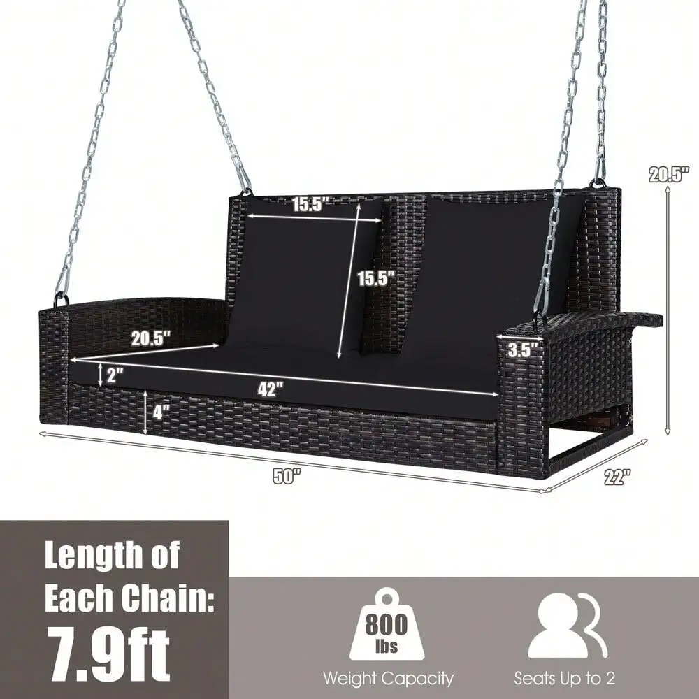 2-Person Patio Rattan Hanging Porch Swing Bench Chair Cushion Black