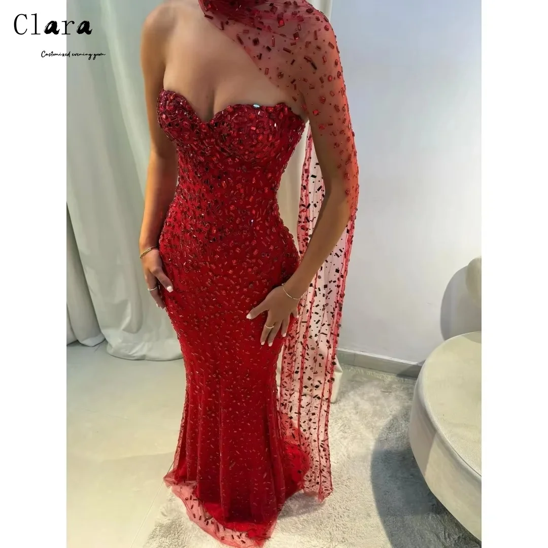 

Clara Custom Red Sequins Off-shoulder Rhinestones Women's Ball Gown Dresses Long Elegant Evening Party Dresses Long Prom Dress