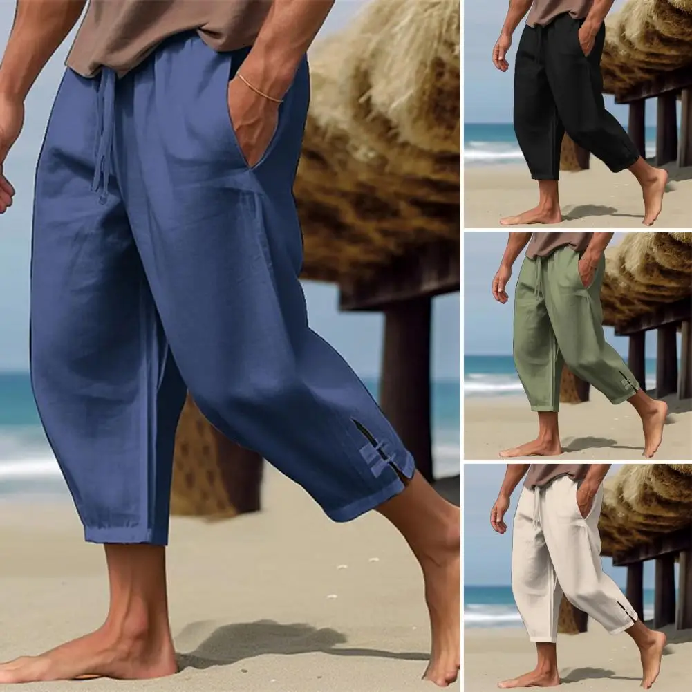 

Drawstring Linen Pants Men's Drawstring Cropped Pants with Elastic Waist Loose Fit Deep Crotch Featuring Pockets for Summer