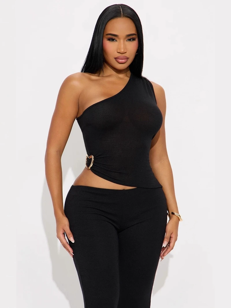 

Stylish Lady Elegant OL Black 2 Piece Set Women One Shoulder Metal Top and Pant Sets 2025 Autumn Club Party Sporty Outfits