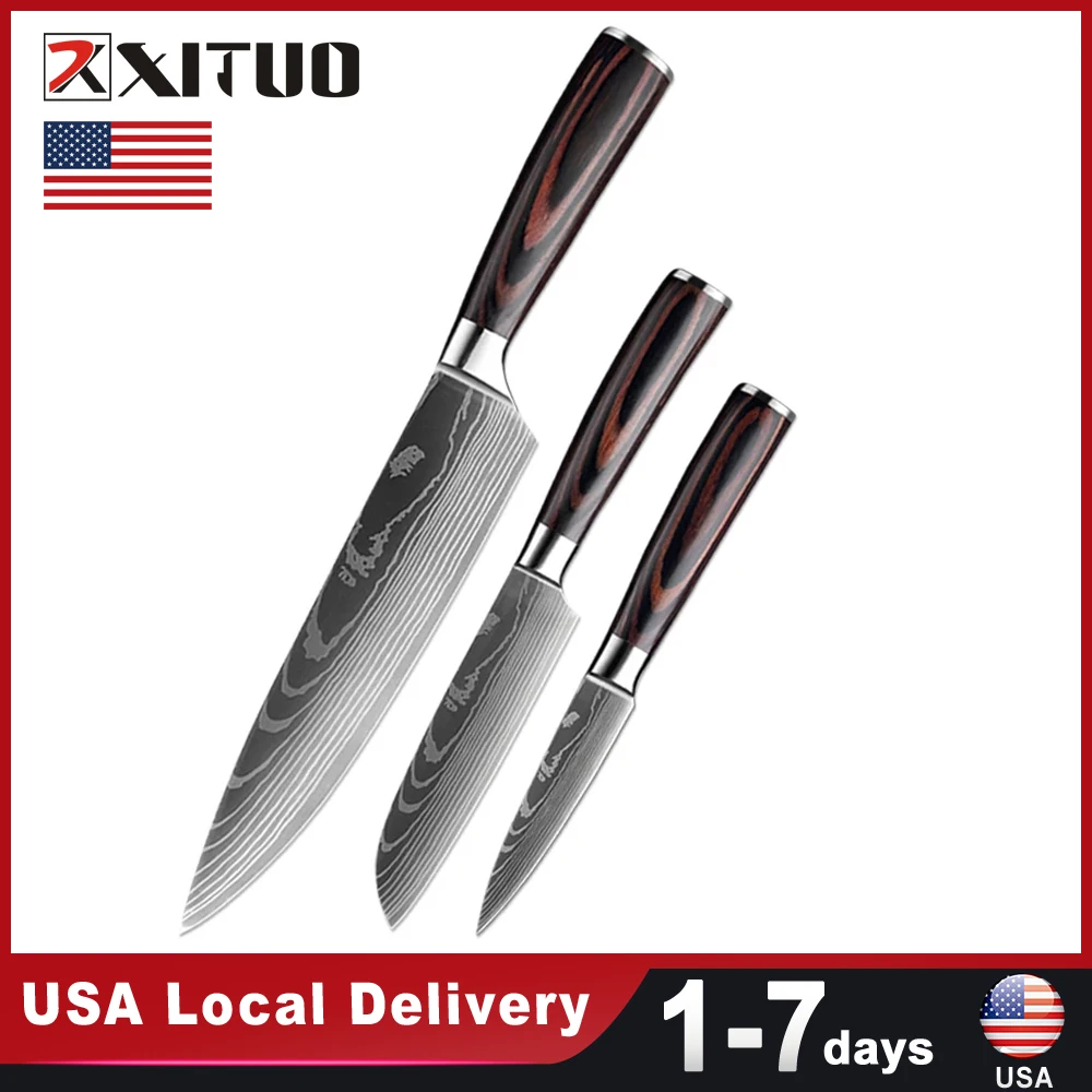 USA Warehouse Fast Shipping Stainless Steel Kitchen 3PCS Set Knives Wooden Handle Pro Kitchen Chef Fruits Paring Knives  Sharp