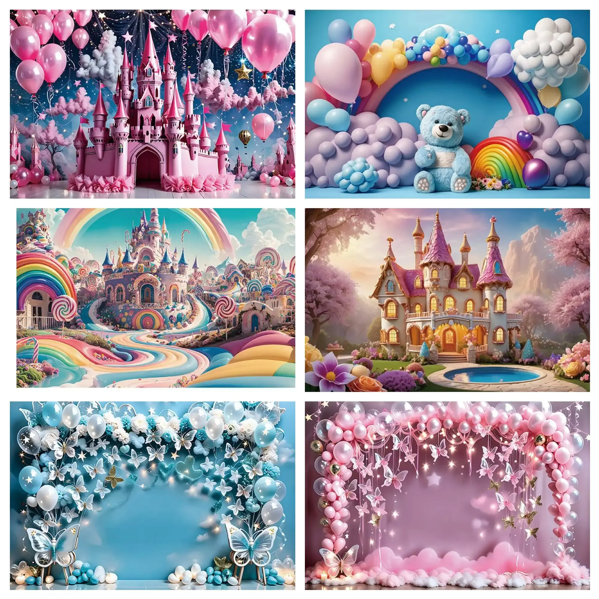 Children's birthday decoration background Butterfly Teddy bear balloon Pink castle baby shower background Circus Candy Land