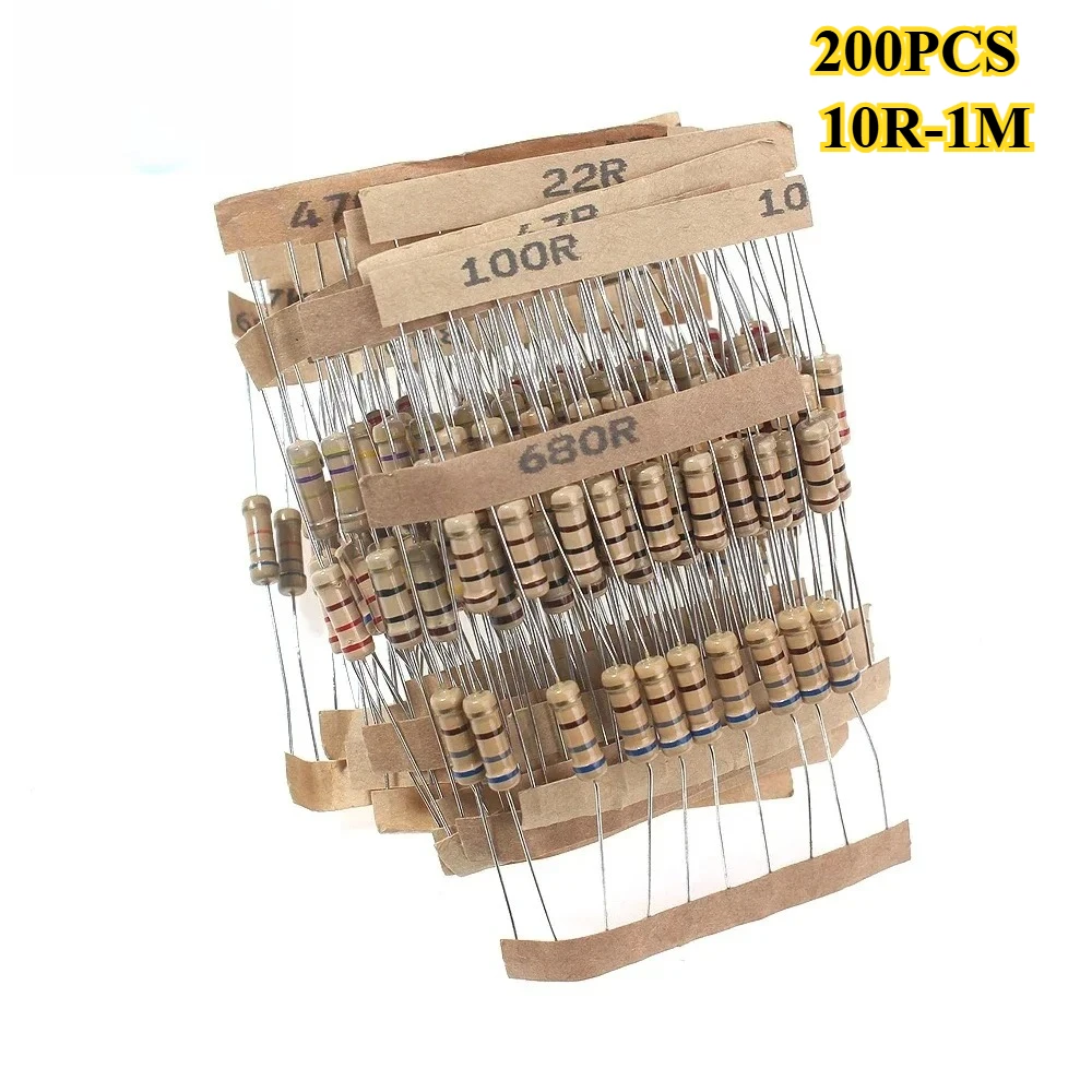 200PCS 5% 1W Carbon Film Resistor Assorted Kit 20 Values 10 Ohm-1M Resistor Pack 6.8K 10K 22K 47K 68K 100K 470K 1M Ohm