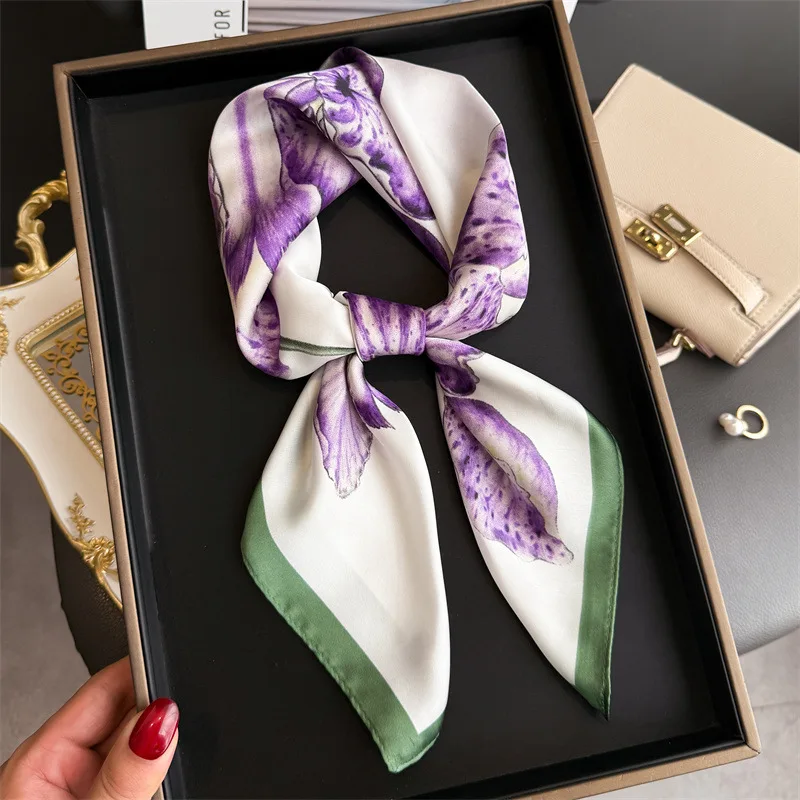 

Luxury Brand 2025 Floral Print Square Silk Scarf for Women Hijab Hair Bands 70cm Neckerchief Female Satin Shawl Ribbon Headband