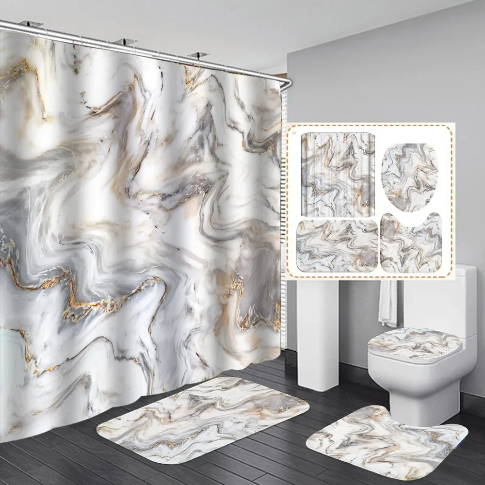 4 Pcs Marble Shower Curtain Set Waterproof Fabric Bath Curtain Gold Vein Non-Slip Bath Mat Toilet Lid Cover Bathroom Decor