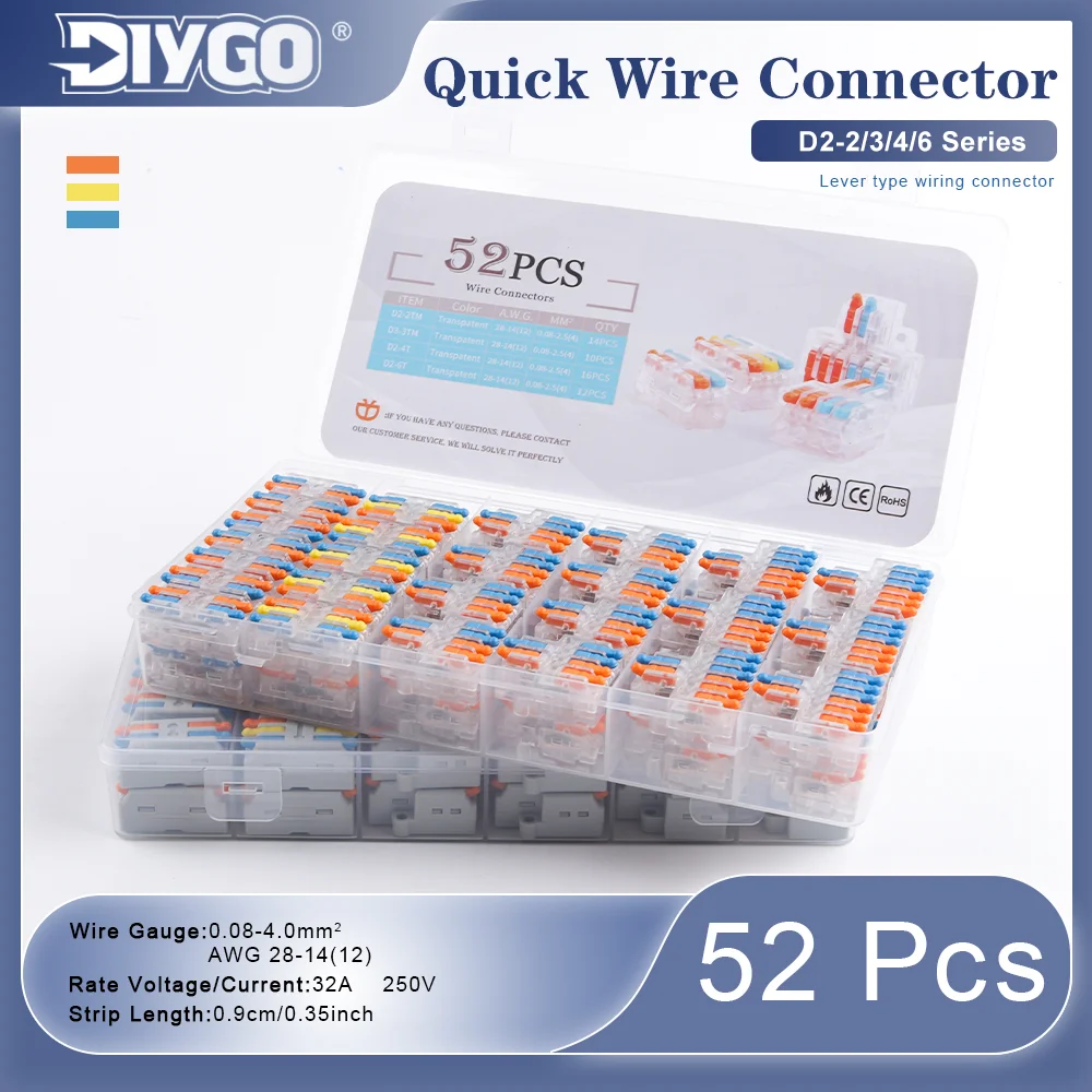 52Pcs/Set Lever Type Quick Wire Connector 2/3/4/6 Port Terminal Block 0.08-4.0mm² 32A 250V Electrical Cable Splice Connectors