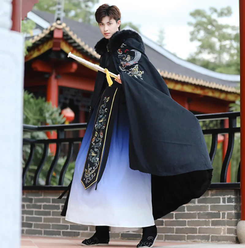 Winter Warm Men`s Hanfu Cloak Chinese Traditional Embroidery Black Cape Male Christmas Cos Costume Thick Hanfu Clack For Men