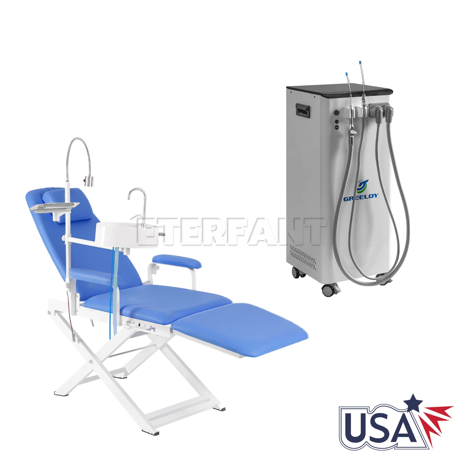 

ETERFANT Dental Mobile Suction Unit System Negative Pressure Pump High Volume/Folding Portable Chair with LED Light Lamp+Tray