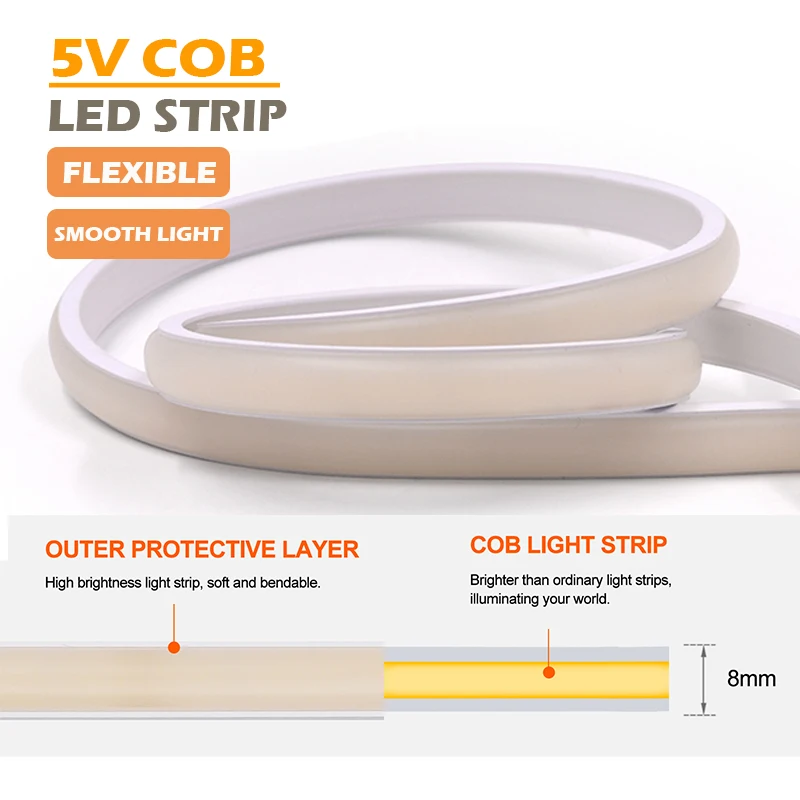 5V USB Neon LED Strip Light COB LED Strip Lights 320LEDs/M Dimmable LED Neon Rope Light LED Strip for Bedroom, Cabinet, Lighting