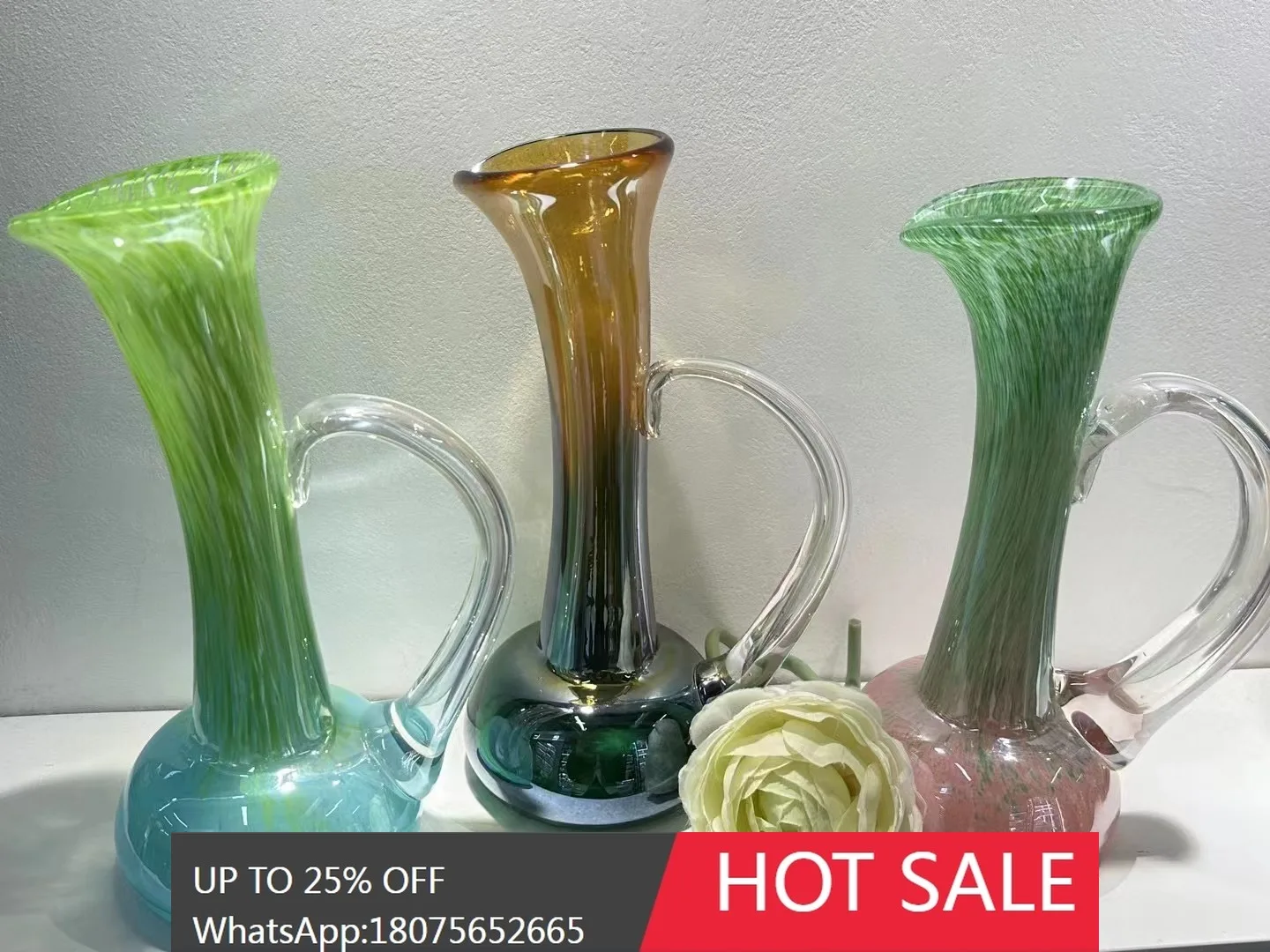 MJY French Retro Handmade Glass Vase Vintage Style Living Room Ornament Flower Container