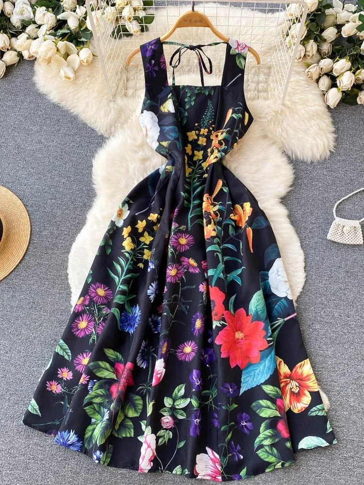 Holiday Flower Summer Tank Dress Women\'s Spaghetti Strap Backless Lace Up Floral Leaves Print Beach Vacation Midi Vestidos