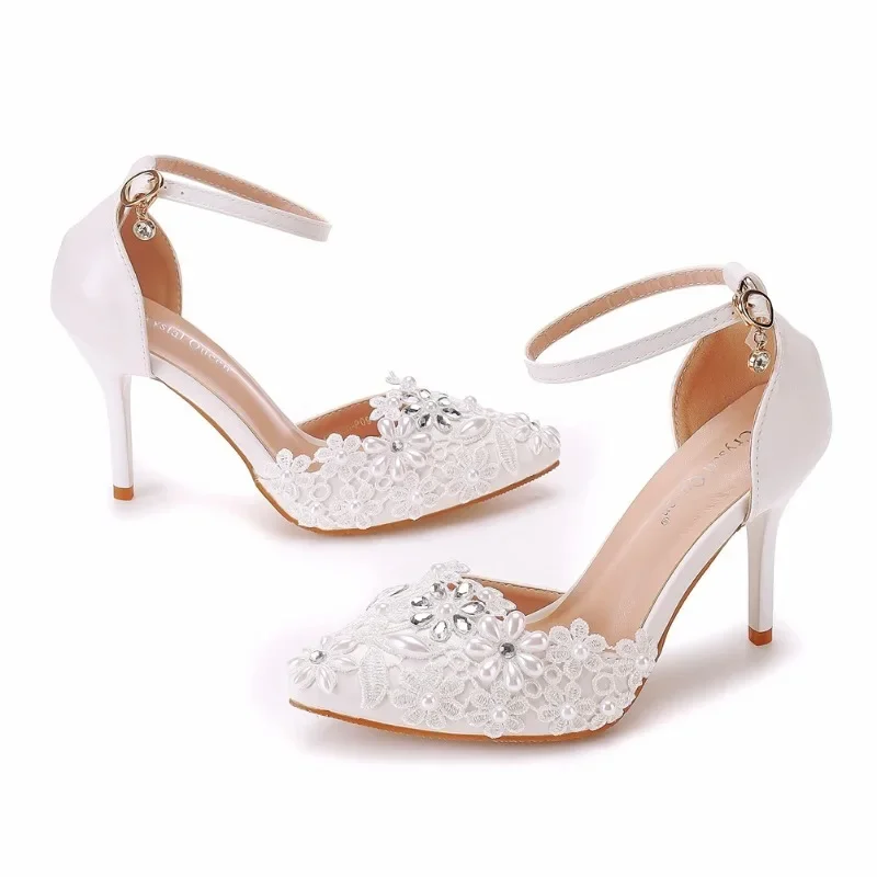 Fashion Summer Women High Heels Sandals Rhinestone Buckle Strap PU 9.5CM Thin Heels Elegant Office Work Women Shoes White