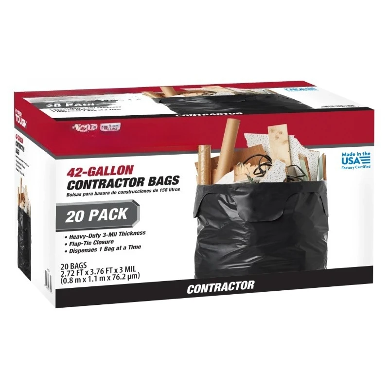 

42-Gallon Flap Tie Contractor Bags, 3 MIL, 20 Bags
