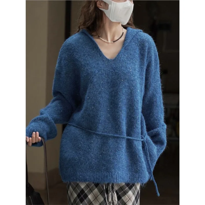 

Johnature Winter New Korean Style Lace-Up Waist Hoodie Sweater V-Neck Casual Loose Comfortable Simple Women Pullover Sweaters