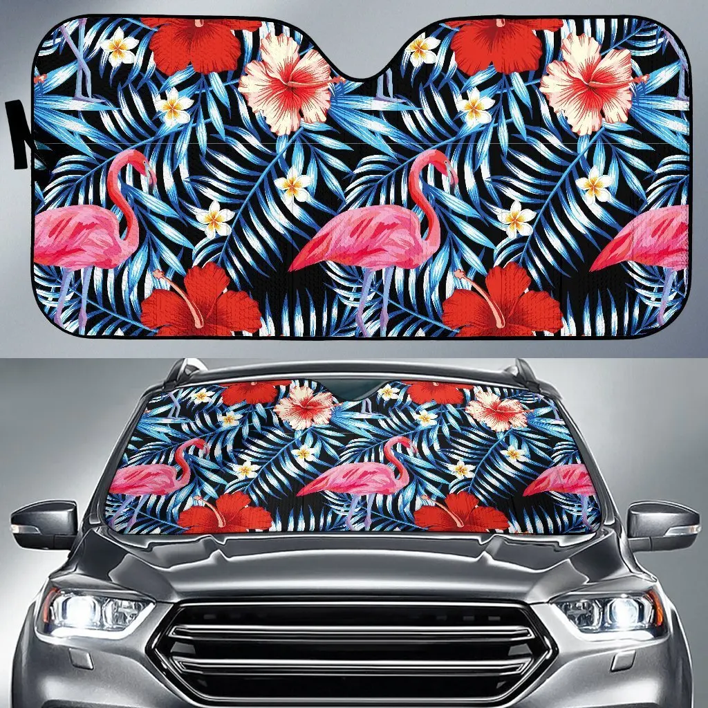 

Flamingo Hawaiian Floral Tropical Flower Hibiscus Palm Leaves Pattern Print Auto Sun Shade Car Windshield Window Cover Sunshade