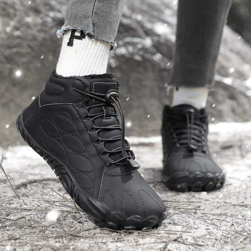 

Solid-colored New Mid-top Autumn and Winter Warm Fleece Flat Five-fingered Outdoor Cotton Shoes and High-top Snow Boots