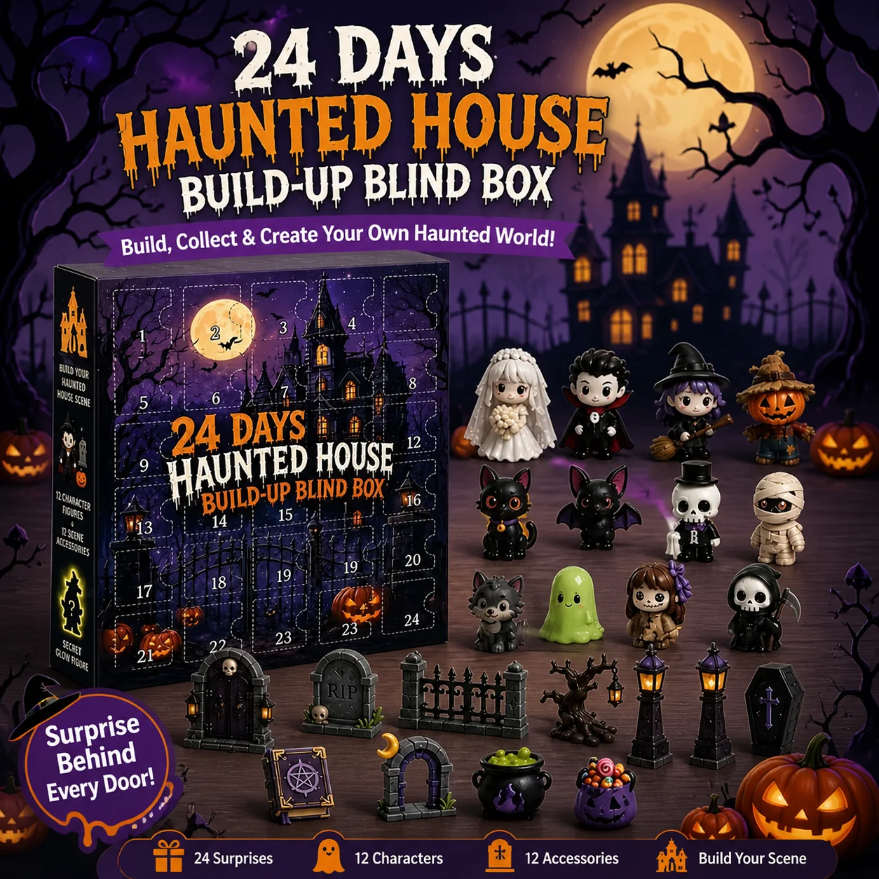 Halloween-Adventskalender 24 Tage Countdown 24-teiliges Horrorfilm-Minifiguren-Set Tischdekoration für Zuhause und Party Überraschungsgeschenk für Erwachsene