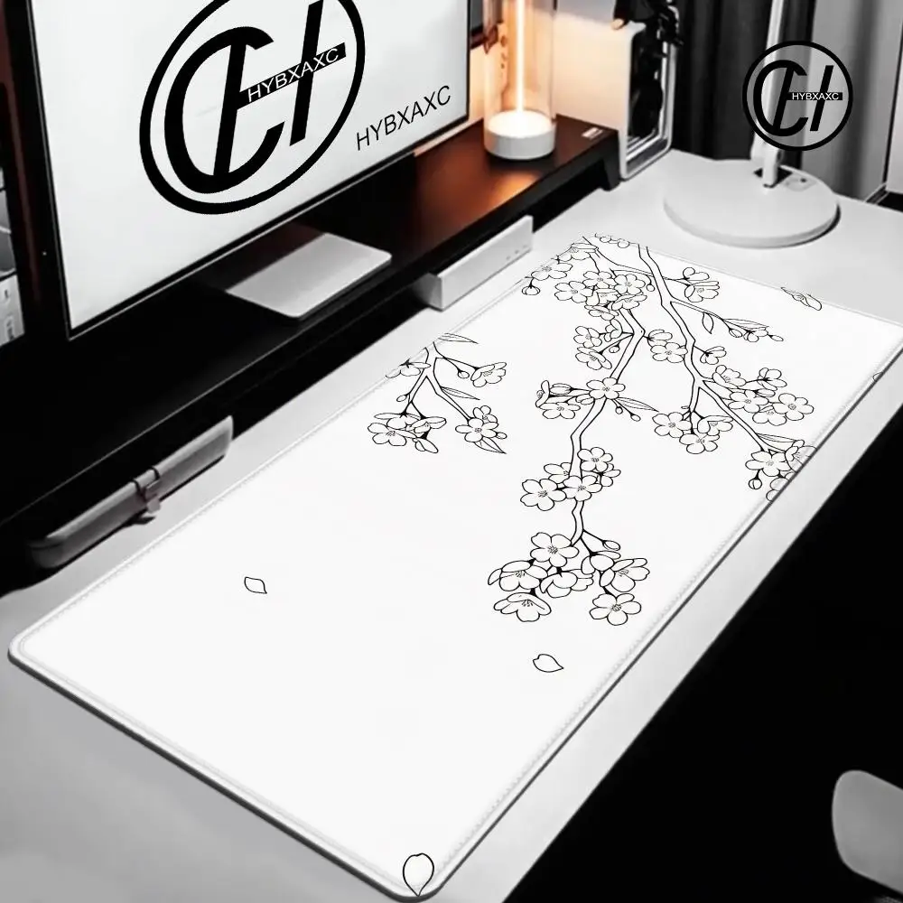 White Beautiful Blossom Desk Mat Cute Cherry Sakura Flowers Japanese Mouse Mat Cute XXL Mousepad 900x400 Large Office Mouse Pad