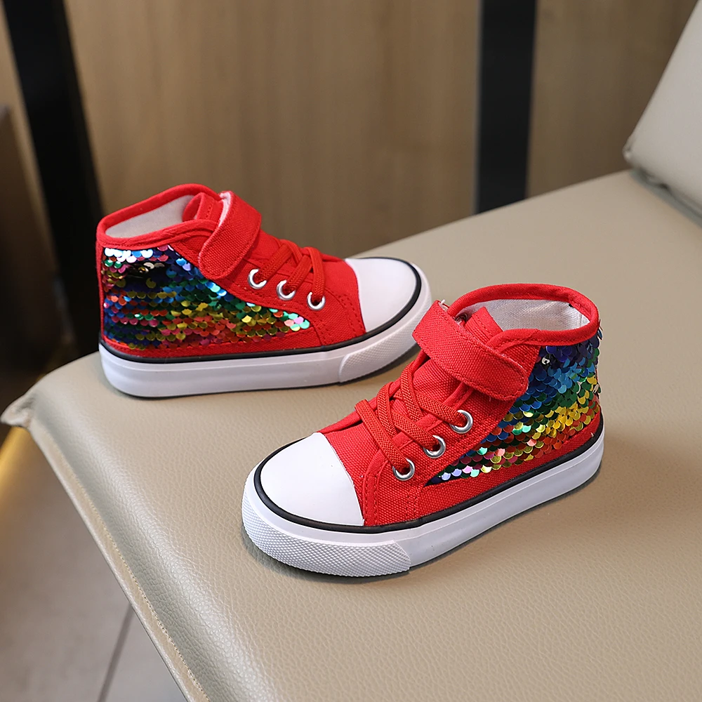 COMFY KIDS Kids Red Rainbow Sequin Fun Style Mid Top Canvas Shoes Breathable Fabric Adjustable Strap All-Season Wear Party Casual Shoes