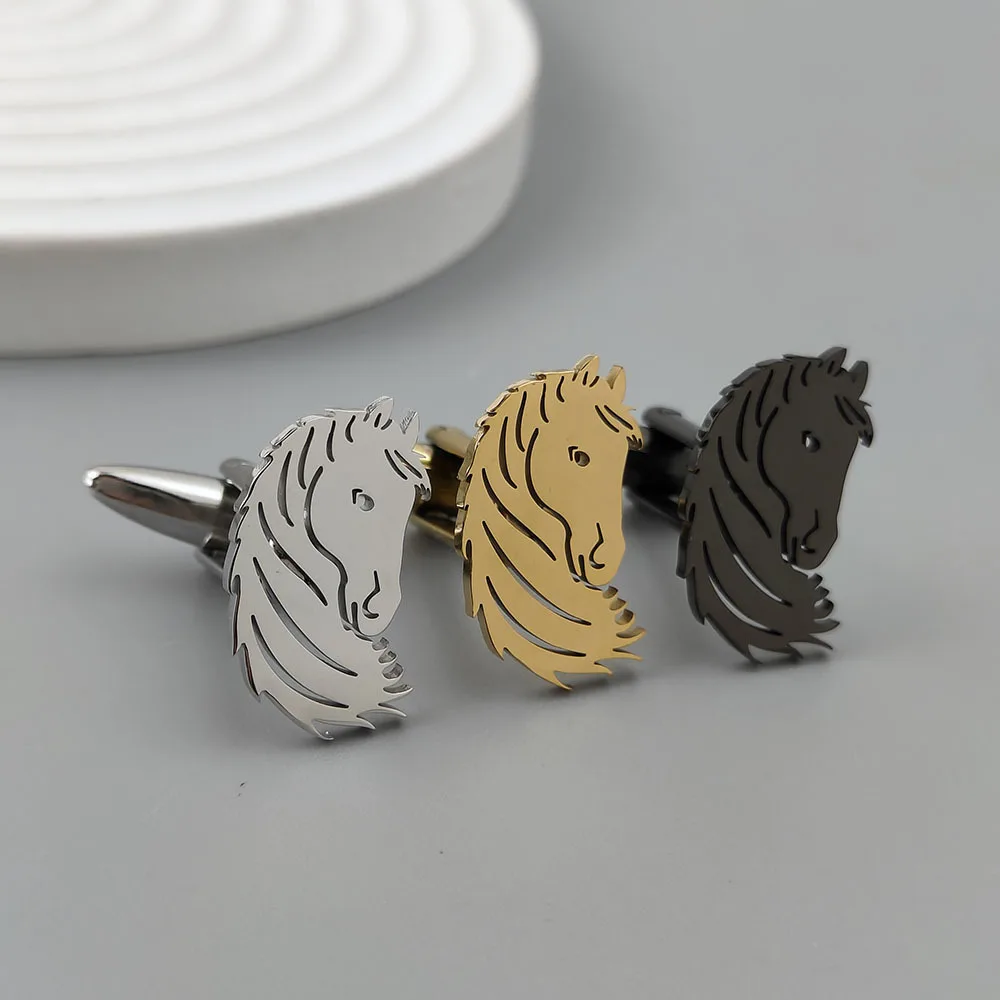 Hollow Out Stainless Steel Cufflinks for Horses Available in Gold Silver Black Colors Men's Business Dress Shirt Sleeve Nails