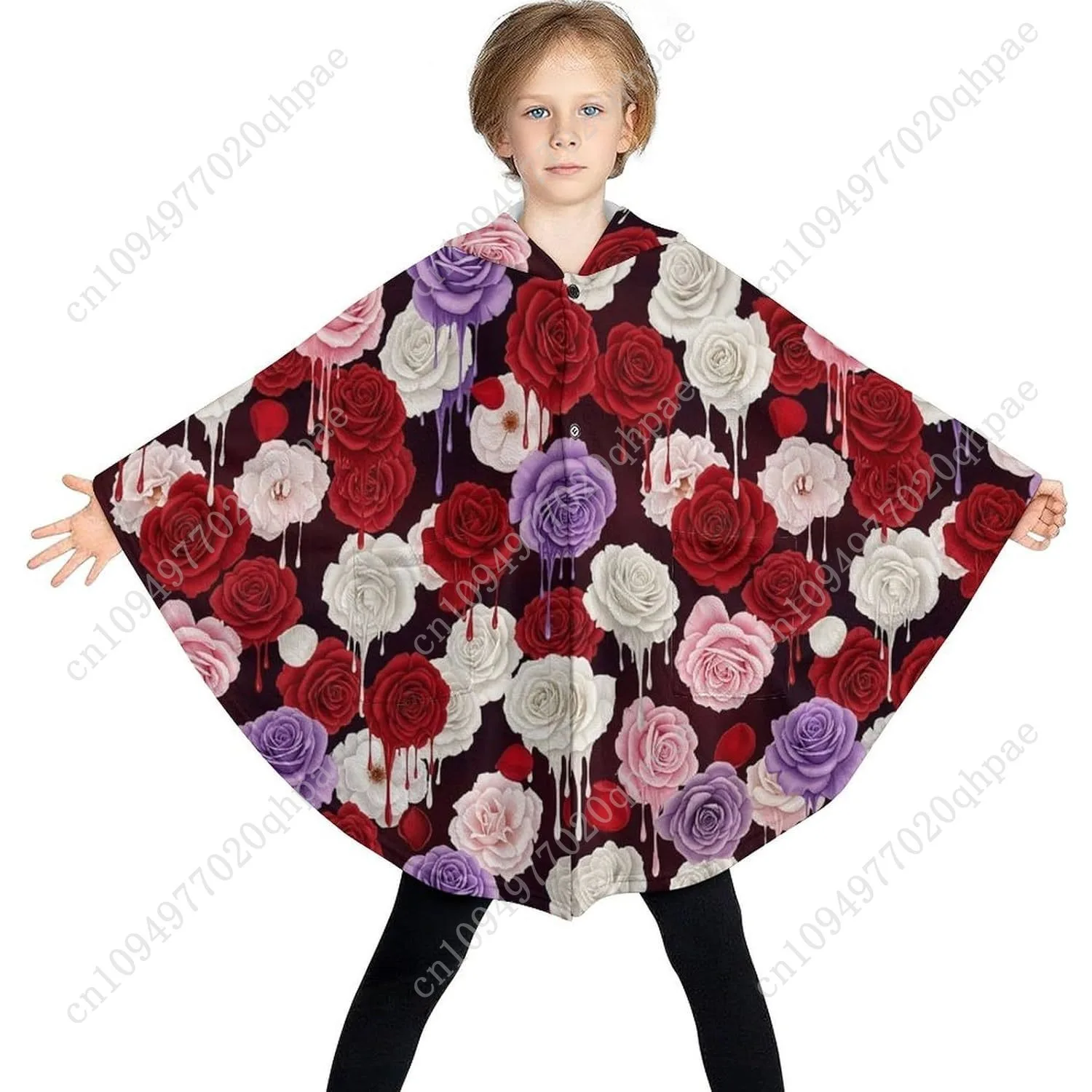 Gezellige flanellen deken trui, rozenpatroon druipende verf oversized hoodie met zakken voor kinderen en tieners