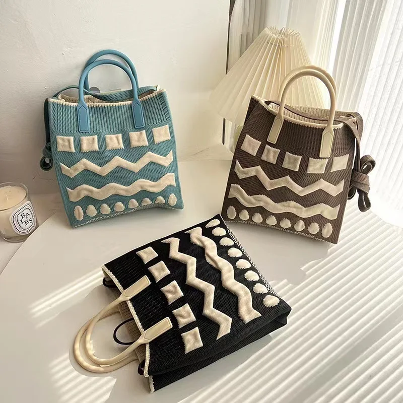 Fashion Vintage Crochet Plaid Medium Size Handbag Summer Ins Korean Retro Knit Square Stylish Side Sling Bag Crossbody Bag