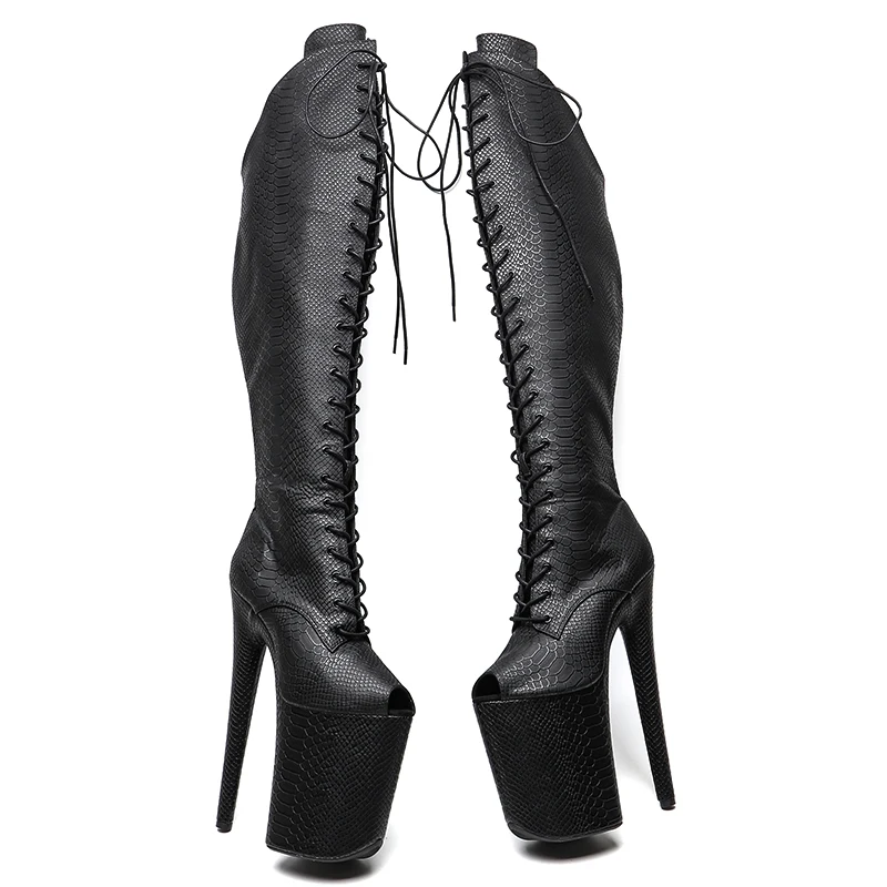 Leecabe 23CM/9inches Snake Upper Women Fashion High Heel Platform Lace Up And OpenToe Thigh High Boots Pole Dance Boot
