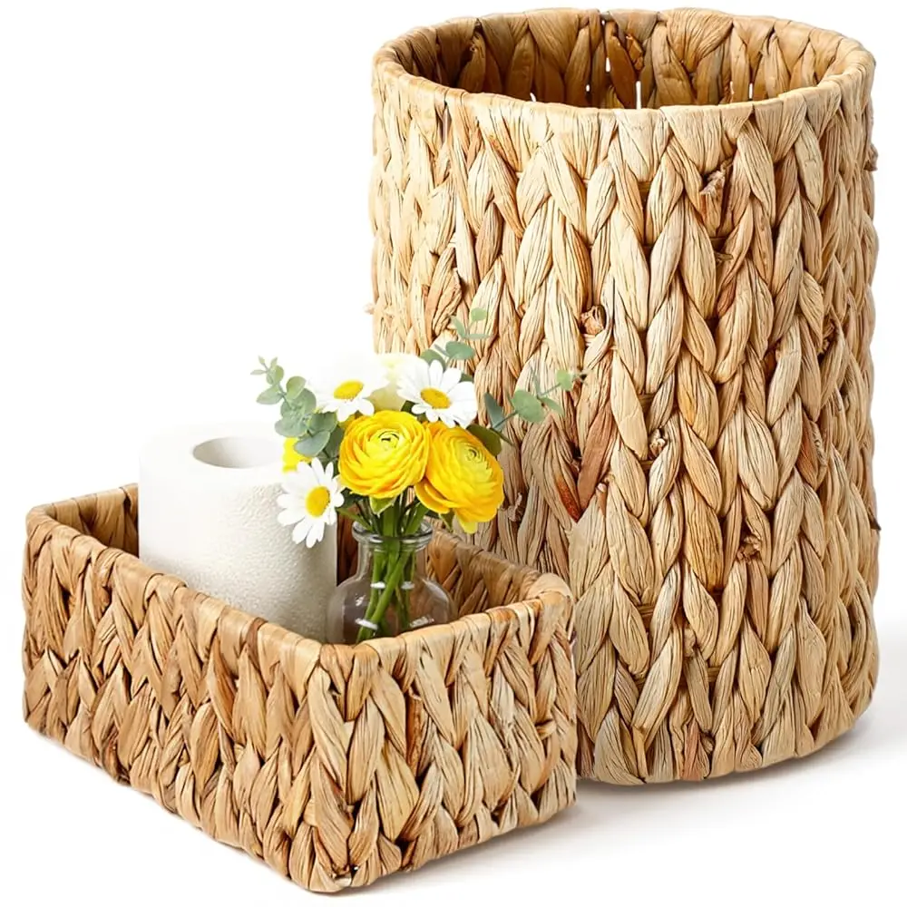 

2 Pack Bathroom Wicker Basket Set Rattan Trash Can Tissue Square Box Handwoven Waterproof Water Hyacinth Waste Basket for Ba