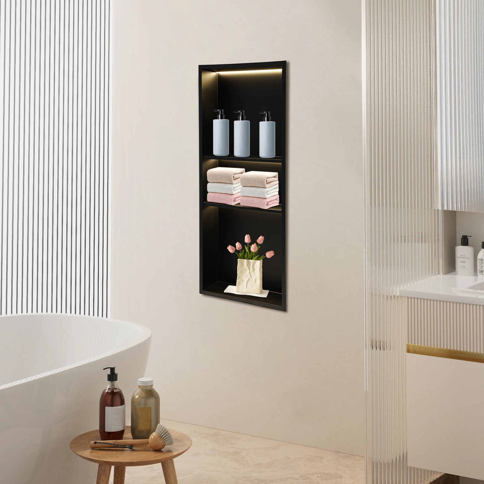 

Stainless Steel LED Wall Niche, Bathroom Shower Niche with LED Lights and Drainage Design for Modern Home Decor