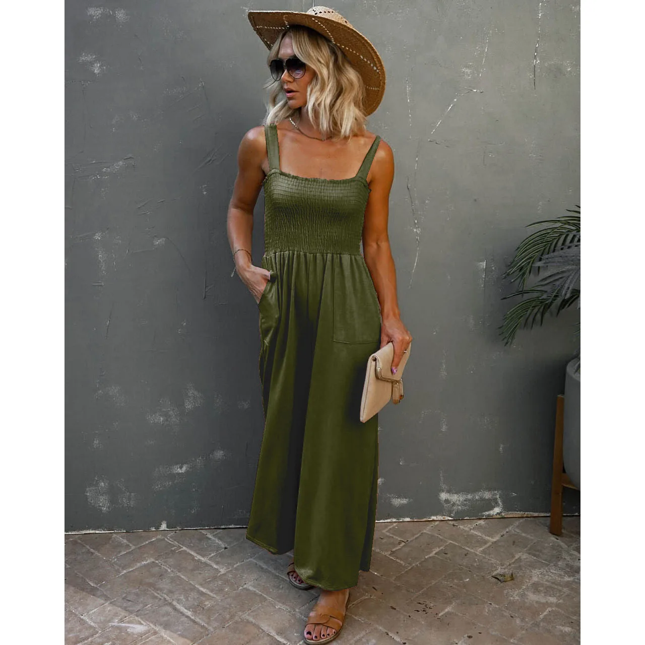 Feminino novo casual bolso solto perna larga calças gerais macacão férias multi-cor cinta sem mangas