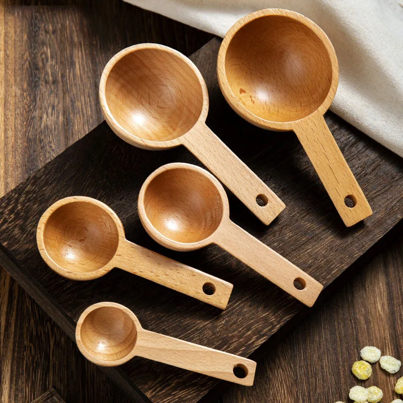 5Pcs Set Beech Wood Measuring Spoons Coffee Beans Powder Scoop Mini Tea spoon Ice Cream Sugar Salt Spice Spoons Kitchen Tools