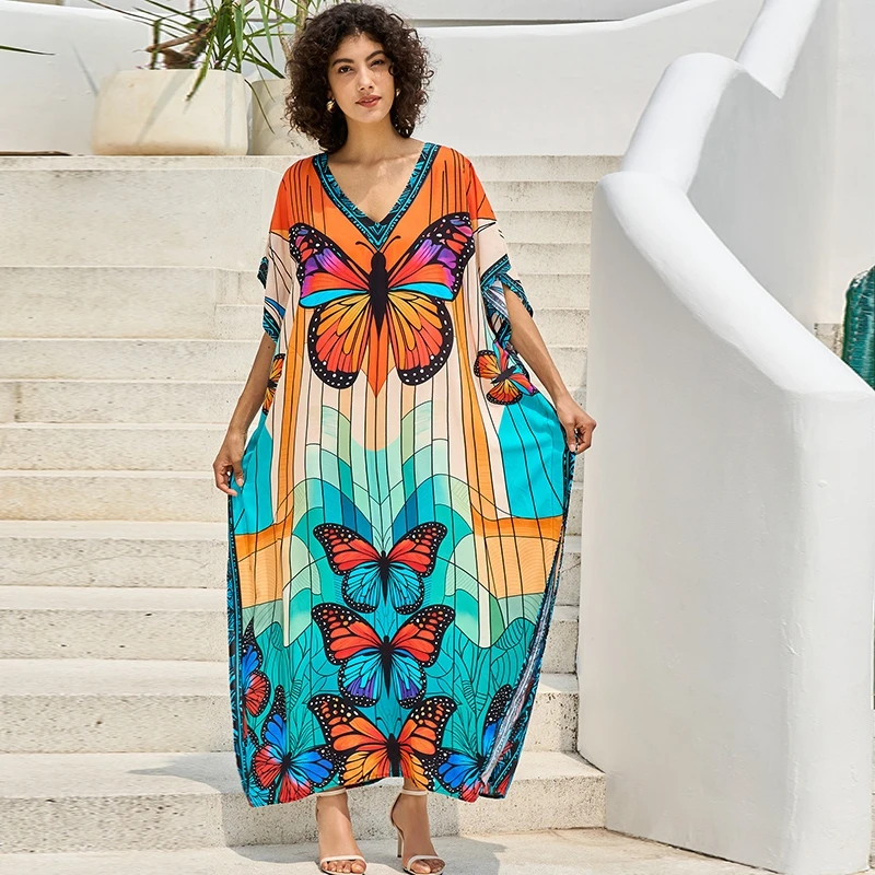 Mandala Kaftan Boho Chic ผู้หญิง Maxi ชุด Batwing Sleeve ขนาดใหญ่รีสอร์ทประเทศไทย Beach Cover Ups Seaside Tropical Caftan