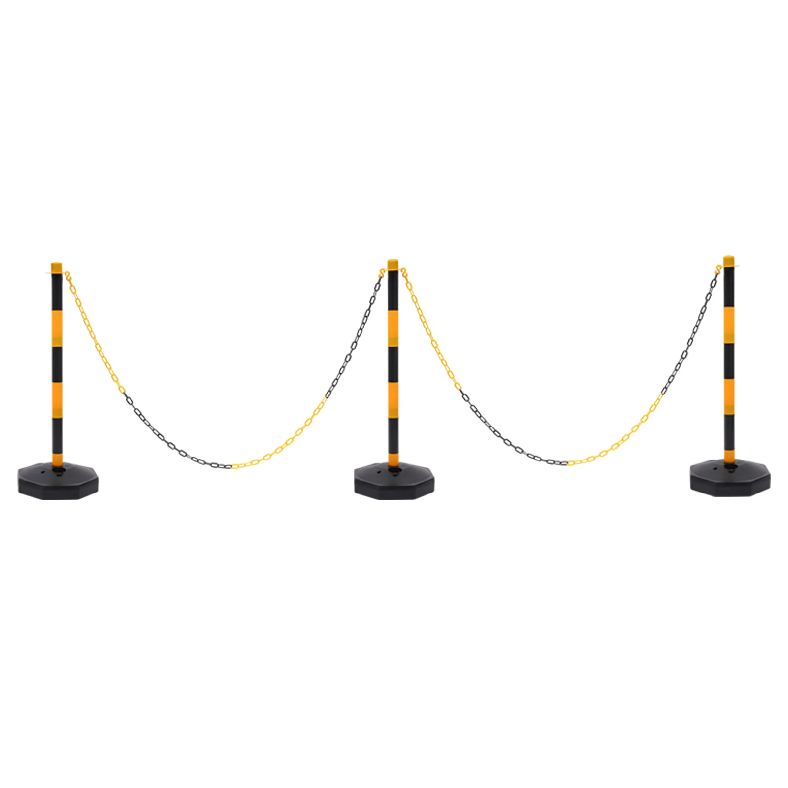 6*Yellow & Black Free Standing Safety Bollards With Bases Chains & S-Hook Tough and Durable Thicker and Longer Chains