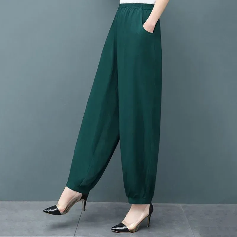 Summer Elastic Waist Mom Casual Lantern Pants Oversize 5XL Baggy Cotton Silk Pantalones Korean Fashion Ankle-Lengt Sweatpant New