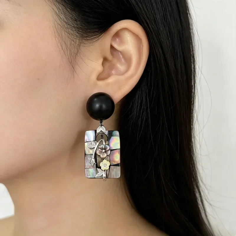 Retro national style black wood round beads broken fritillary carved earrings niche light luxury mosaic shell flower long