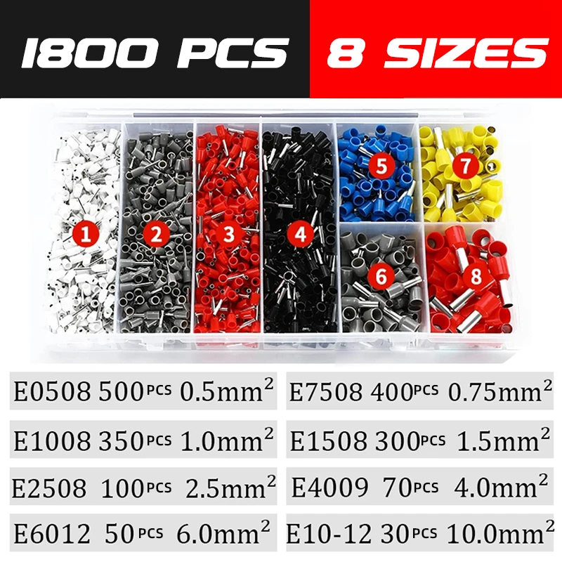 1800pcs VE Wire End Ferrule Insulated Connector Cold Crimp Terminal Kit,8 Sizes 0.5-10mm² Multi Color Copper Wire Terminals