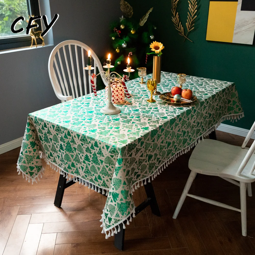 New Year and Christmas Cotton Linen Rectangular Tablecloth Home Coffee Dining Table Fireplace Microwave Cover