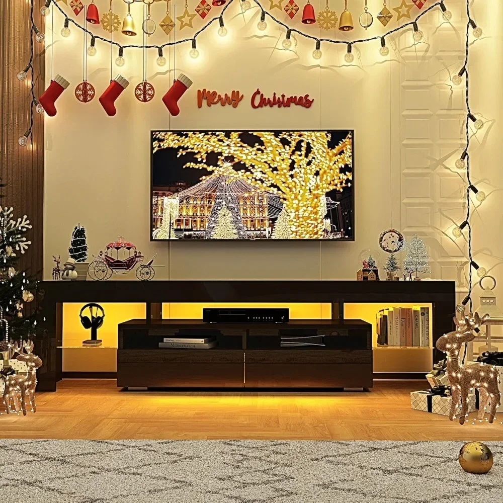 63in TV Stand 65/70 Inch TV,Modern LED TV Stand Living Room,Black Stand,High Gloss Entertainment Center Storage Drawer