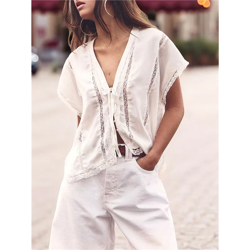 

【Party-Decoration】Women V Neck Tie Open Front Shirts Summer Oversized Button Down Blouses Casual Short Sleeve Lace Trim Shirt To