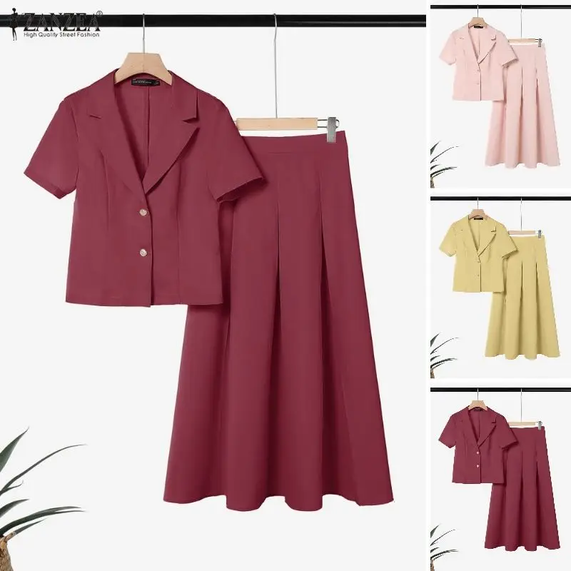 ZANZEA 2026 Sommer-Outfits Elegante Damen 2-teilige Sets Reverskragen Kurzarm-Bluse Kleid-Sets Einfarbiger A-Linien OL Arbeitsrock-Anzug