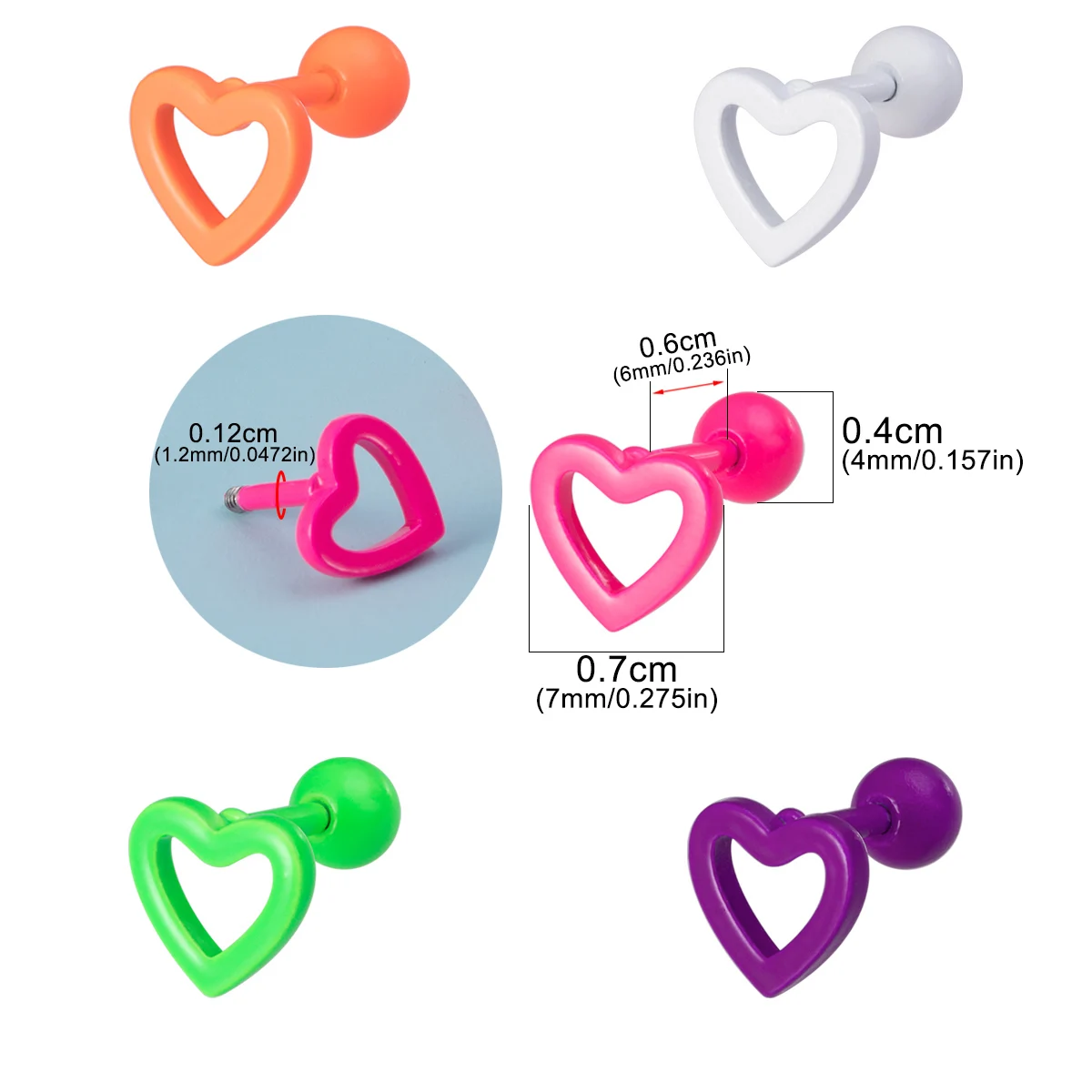 1/5 stücke bunte hohle Herz Ohr stecker für Frauen Ohr Piercing Stahl Lang hantel Tragus Knorpel Ohrring Helix Muschel niedlichen Schmuck – Detail 4