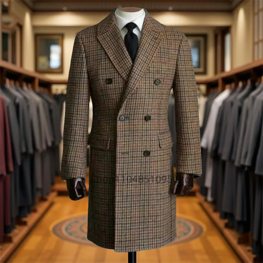 

Plaid Double Breasted Men's Blazer 1 Piece Winter Peak Lapel Long Suit Jacket Wool Tweed Male Clothing Costume Homme