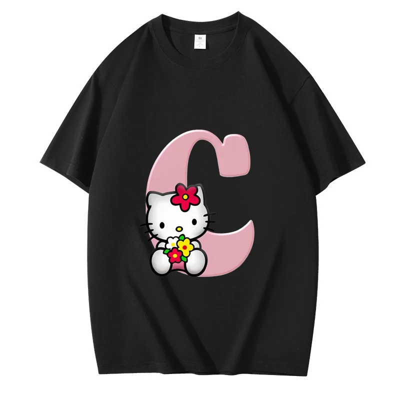 Hello Kitty Letter A B C D Children Black T-Shirt Fashion Tee Shirts Cartoons Kid Casual Clothes Girl Boy Harajuku Tops Hot Sale