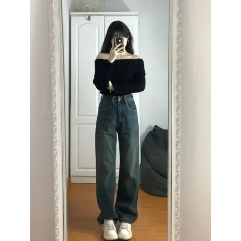 Autumn Winter Clothing Black Cropped Pullovers Women Tunic Long Sleeve Sueter Mujer Korean Pull Femme Off Shoulder Knit Sweater