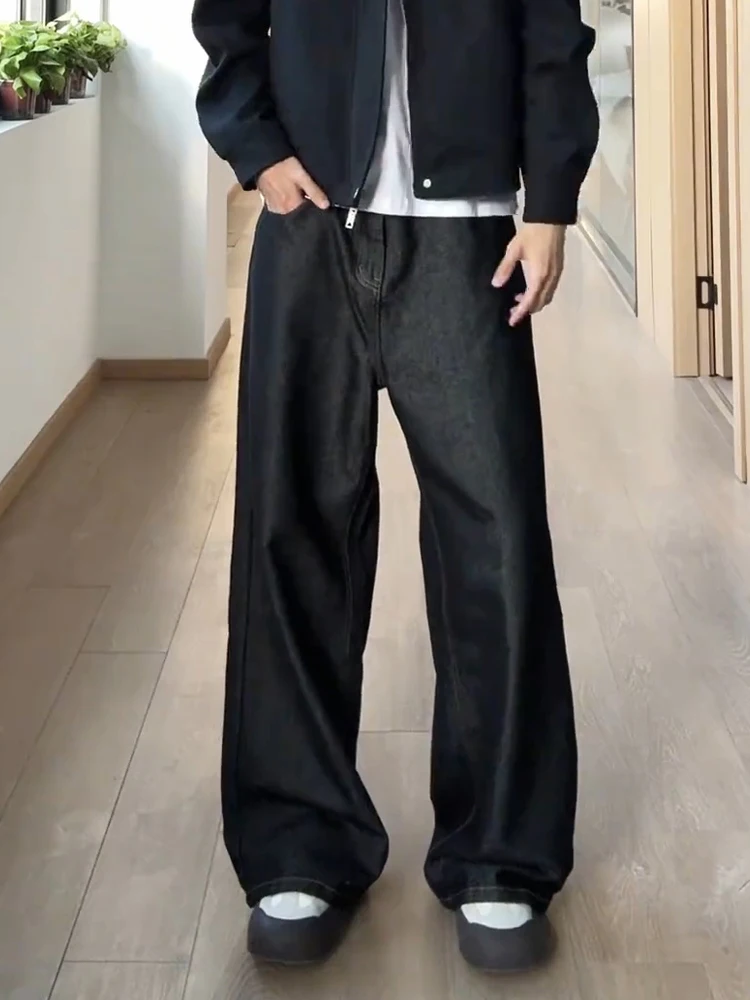 

Черные оригинальные джинсы-стрейт из денима для мужчин, в американском стиле High Street, премиум-класса, свободного кроя, повседневные