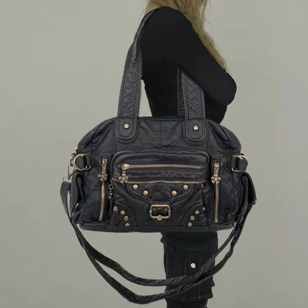 Ladies' retro vegan leather motorcycle handbag, Gothic style front pocket soft leather shoulder bag