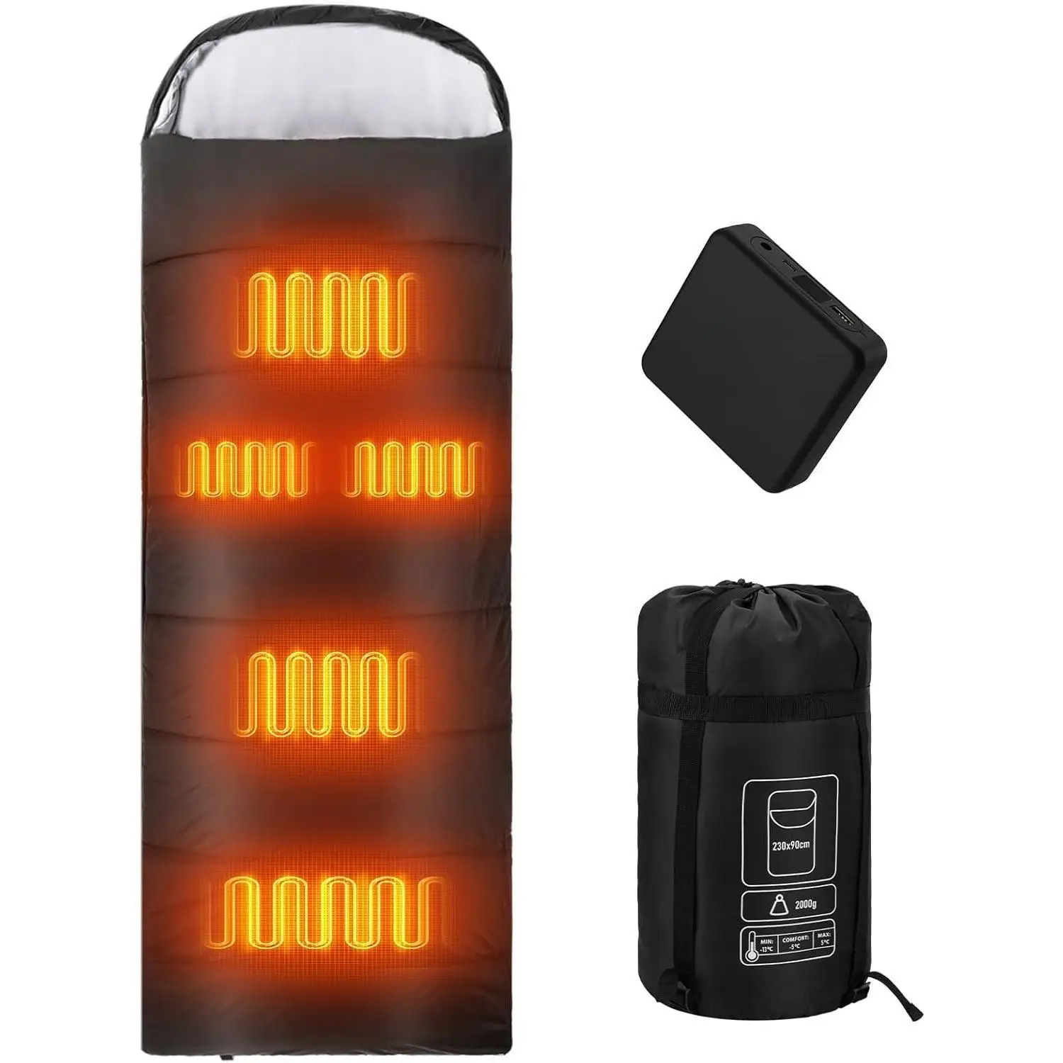 كيس نوم ساخن، 5 قطع من أكياس النوم للمناطق التسخين مع حزمة بطارية 16000 مللي أمبير في الساعة 12 فولت، 3 مستويات تسخين قابلة للتعديل