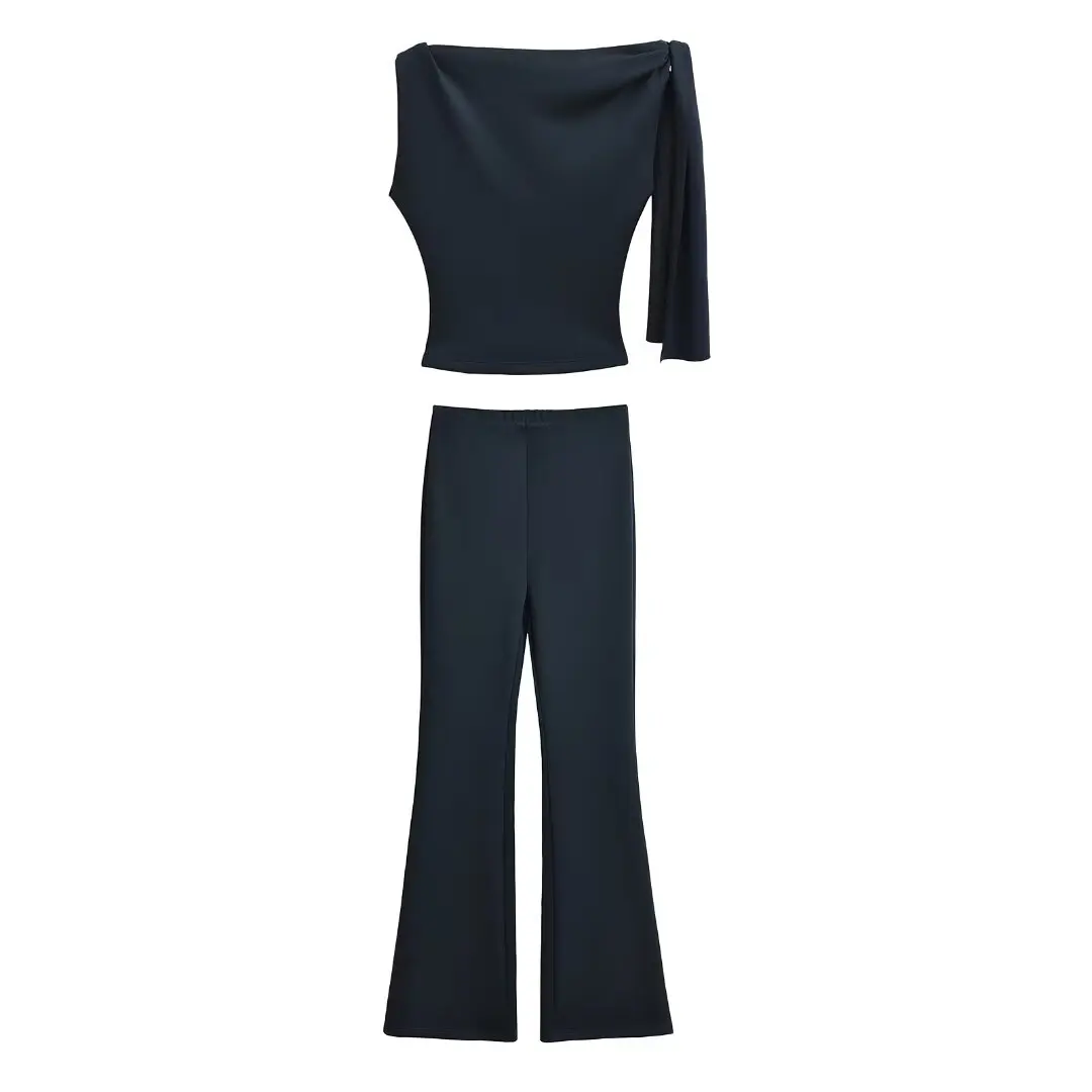 Feminino ort sve colheita superior com cinto faion conjunto calças de perna larga calças compridas primavera 2025 temporada conjunto de duas peças casual wear