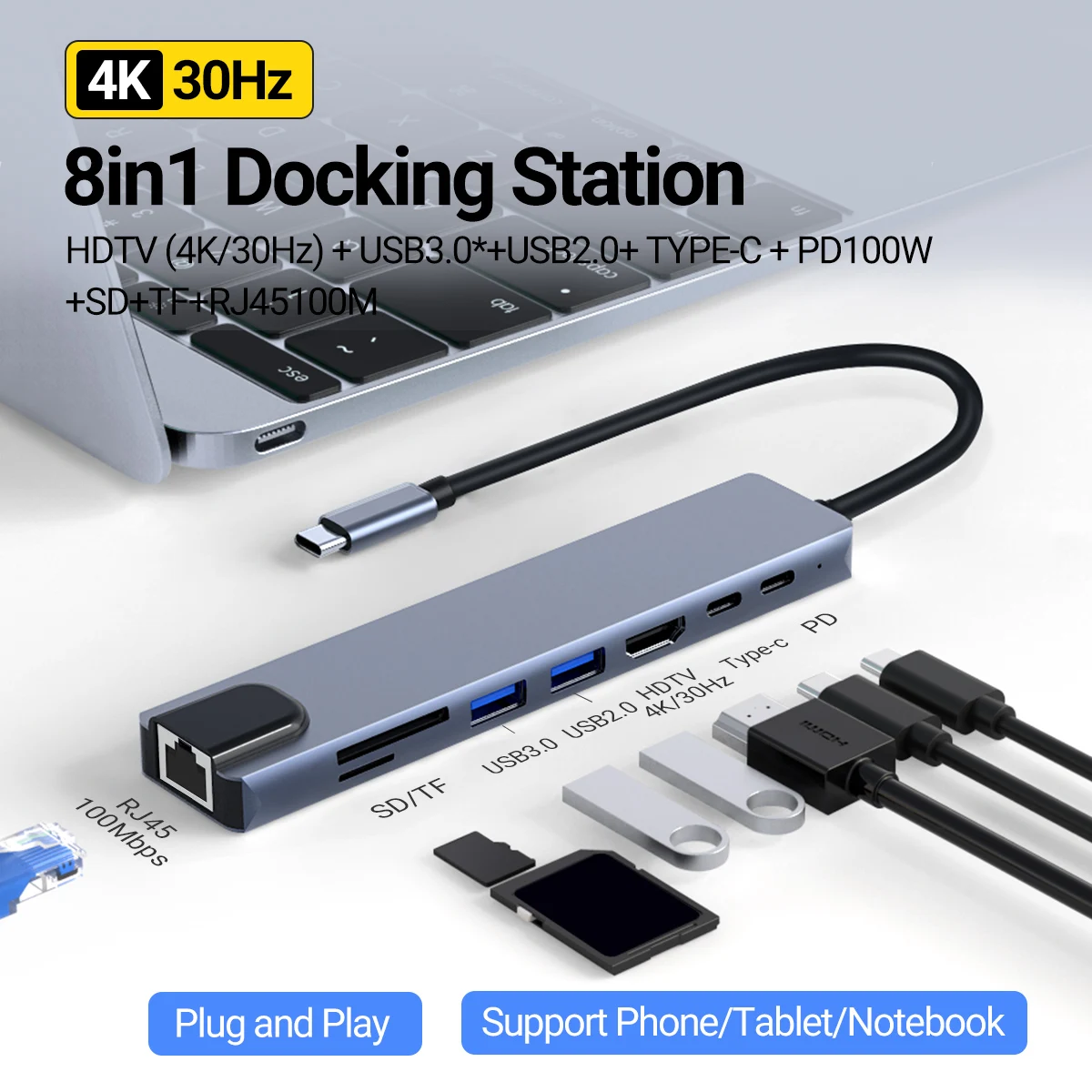 

Nadodo 8in1 usb hub with hdmi usb 100M network port docking station for laptop